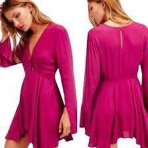 Free People Mini Dress Long Sleeve Tie Front Bell Sleeve Purple Dress‎